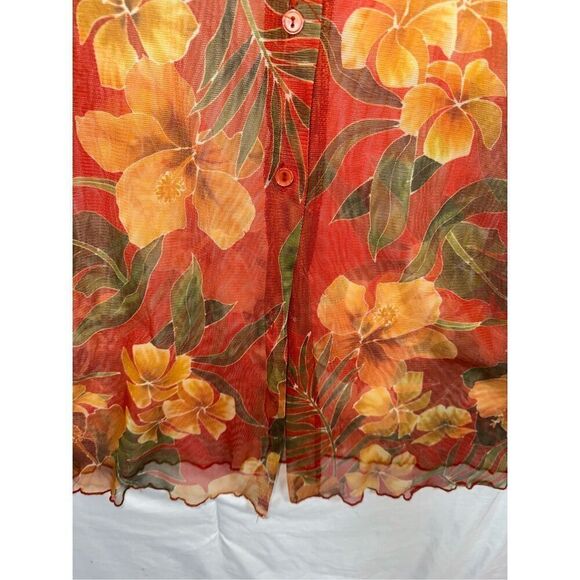 Ashley Stewart Vintage Sheer Hibiscus Tropical Print Button-Up - Picture 3 of 6